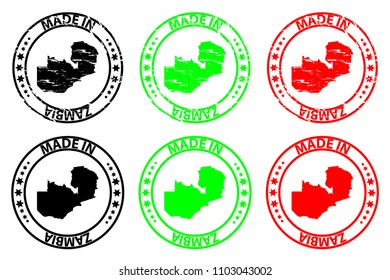 Made in Zambia - rubber stamp - vector, Zambia map pattern - black, green and red