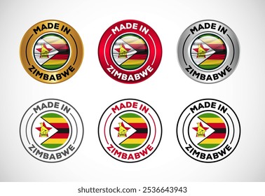 Made in Zimbabwe label icon with flag. Icon set for business, badge, seal, sticker, logo, and symbol