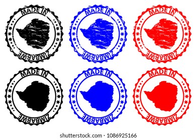 Made in Zimbabwe - rubber stamp - vector, Zimbabwe map pattern - black, blue and red