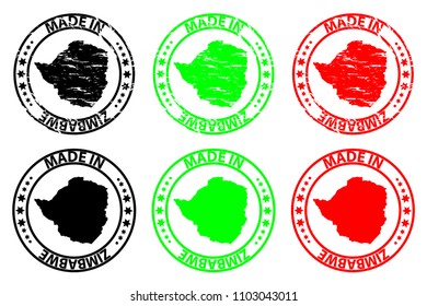 Made in Zimbabwe - rubber stamp - vector, Zimbabwe map pattern - black, green and red
