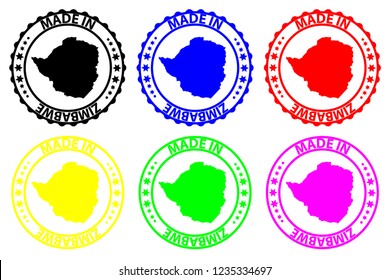 Made in Zimbabwe - rubber stamp - vector, Zimbabwe map pattern - black, blue, green, yellow, purple and red