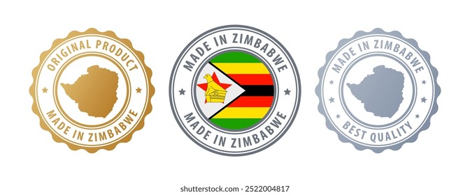 Made in Zimbabwe - set of stamps with map and flag. Best quality. Original product. Vector illustration