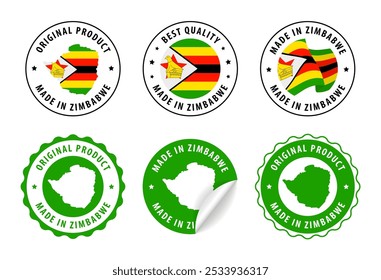 Made in Zimbabwe - set of stamps and stickers with map and flag. Best quality. Original product. Vector illustration.