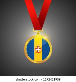 Madeira Flag in gold Medal, Golden Badge, Sport Game Golden Challenge Award. Vector Illustration.