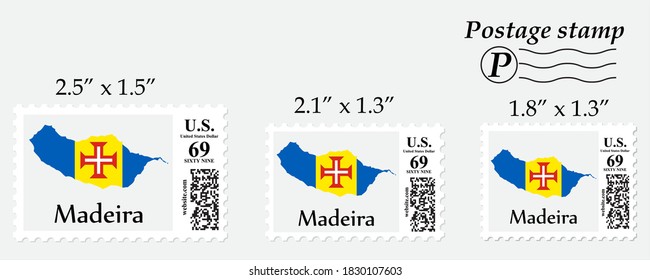 Madeira flag map on postage stamp different size.