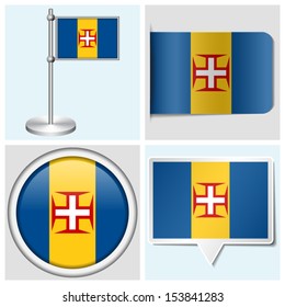 Madeira flag - set of various sticker, button, label and flagstaff