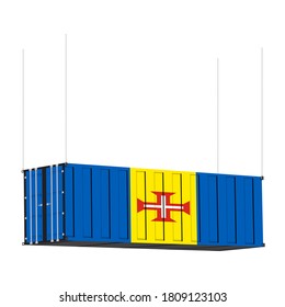 Madeira flag symbol on cargo containers hang by chain, the concept import and export transport business of country.