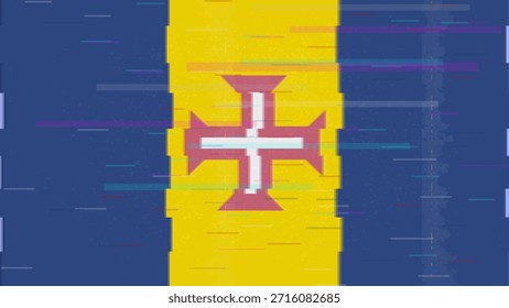 Madeira glitch flag vector, RGB split distortion, digital abstract video frame illustration