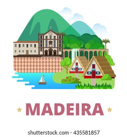 Madeira Island Portugal design template. Flat cartoon style historic sight vector illustration. World country travel Africa collection. Monte Palace Tropical Garden Santana Madeira Jesuits' College.