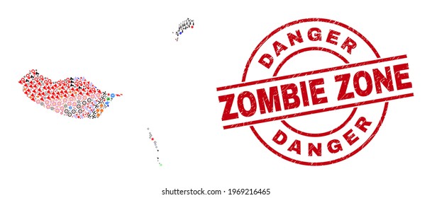 Madeira Islands map collage and rubber Danger Zombie Zone red round stamp imitation. Danger Zombie Zone seal uses vector lines and arcs. Madeira Islands map collage contains markers, homes, lamps,