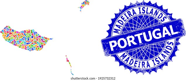 Madeira Islands map flat illustration. Spot collage map and unclean seal for Madeira Islands. Sharp rosette blue seal with text for Madeira Islands map.