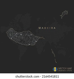 Madeira map abstract geometric mesh polygonal light concept with black and white glowing contour lines countries and dots on dark background. Vector illustration.