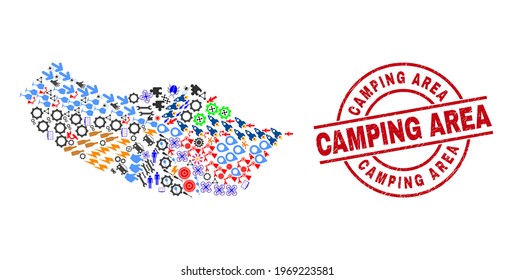 Madeira map collage and scratched Camping Area red round stamp seal. Camping Area seal uses vector lines and arcs. Madeira map mosaic contains helmets, homes, screwdrivers, bugs, stars,