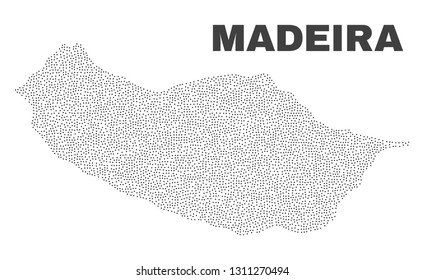 Madeira map designed with little dots. Vector abstraction in black color is isolated on a white background. Random little items are organized into Madeira map.