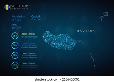 Madeira map infographics vector template with abstract geometric mesh polygonal light concept on blue background. Template for diagram, graph, presentation and chart.