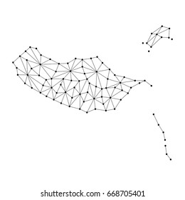 Madeira map of polygonal mosaic lines network, rays and dots vector illustration.