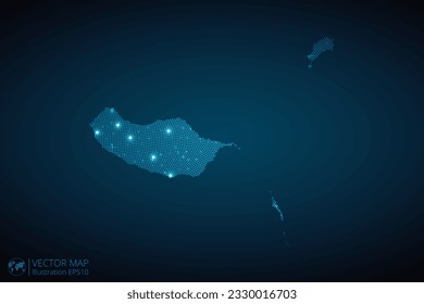 Madeira map radial dotted pattern in futuristic style, design blue circle glowing outline made of stars. concept of communication on dark blue background. Vector EPS10