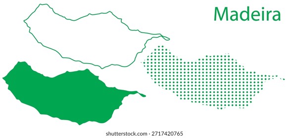 Madeira Map Vector Set, Portugal Autonomous Region Outline Silhouette Dotted Green Shapes, Madeira Country Infographic Template, Editable EPS Madeira Geography
