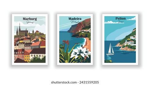 Madeira, Portugal. Marburg, Germany. Pelion, Greece - Set of 3 Vintage Travel Posters. Vector illustration. High Quality Prints