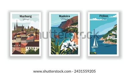 Madeira, Portugal. Marburg, Germany. Pelion, Greece - Set of 3 Vintage Travel Posters. Vector illustration. High Quality Prints