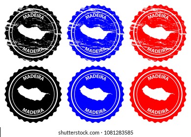 Madeira - rubber stamp - vector, Madeira map pattern - sticker - black, blue and red