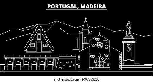 Madeira silhouette skyline. Portugal - Madeira vector city, portuguese linear architecture, buildings. Madeira travel illustration, outline landmarks. Portugal flat icon, portuguese line banner