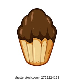 Madeleine pastry with a shell shape and chocolate topping sitting on a white background, representing delicious dessert, baked goods, and sweet treats concepts