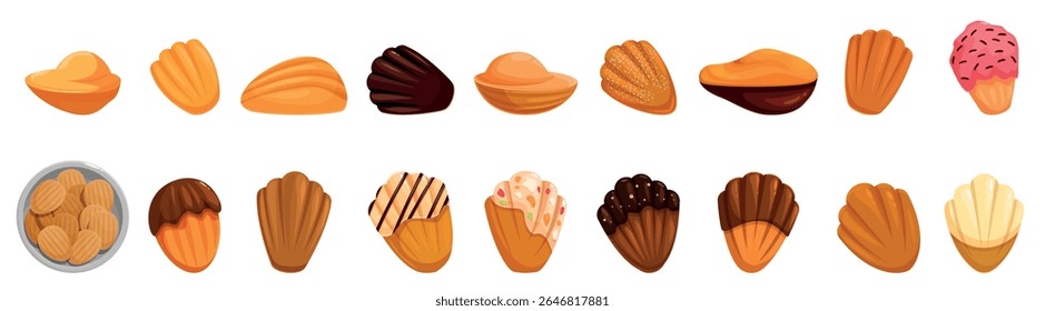Ícones de Madeleines definidos. Conjunto de biscoitos madeleine mostrando diferentes sabores, coberturas e apresentações, destacando a versatilidade deste pastel francês clássico