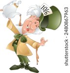Madhatter from Wonderland with green hat on his head and white porcelain kettle with tea