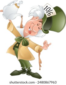 Madhatter from Wonderland with green hat on his head and white porcelain kettle with tea