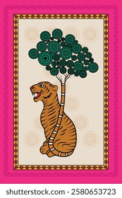 Madhubani Art Decor: Bring the Wild into Your Home with Tiger and Tree Art. Madhubani art, Mithila painting, Indian folk art, Madhubani tiger tree.