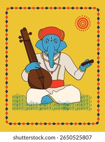 Madhubani Art: Divine Ganesha and Veena – Harmony of Wisdom and Music. Madhubani art, Lord Ganesha, Veena instrument, Indian folk art