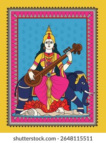 Madhubani Art: Divina Saraswati Devi - Deusa do Conhecimento e da Música. Arte Madhubani, Saraswati Devi, Deusa indiana, pintura Mithila