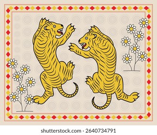 Madhubani Art: Dynamic Tiger Fight - Clash of Strength. Madhubani art, Tiger fight, Indian folk art, Wildlife art India