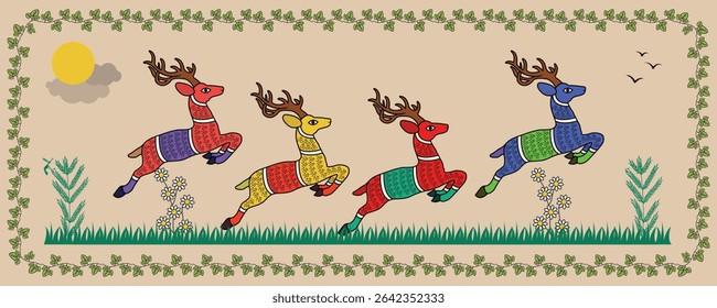 Madhubani Art: Graceful Running Deer - Dynamic Folk Style. Madhubani art, Mithila painting, Indian folk art, Running deer Madhubani
