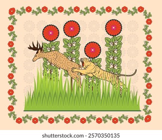 Madhubani Art: The Hunt - Tiger and Deer in Vibrant Colors. Madhubani art, Mithila painting, Indian folk art, Madhubani tiger, Madhubani deer
