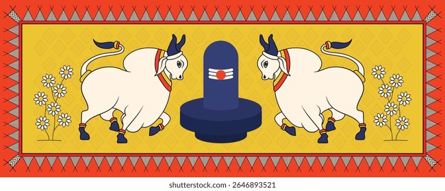 Madhubani Art: Sacred Nandi Bull with Pind Offering - Divine Connection. Madhubani art, Nandi bull, Pind offering, Indian folk art