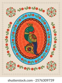 Madhubani Art: A Symphony of Nature - Parrot, Flowers, and Leaves. Madhubani art, Mithila painting, Indian folk art, Madhubani parrot.