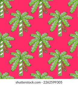 Madhubani banana tree seamless pattern , beautiful banana tree hand drawn repeat pattern isolated on red background  