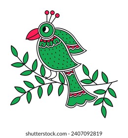 Pájaro madhubani, pintura mithila, arte folclórico indio, motivo pavo real