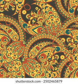 Madhubani, Kalamkari, Chinz, and Kani seamless pattern. Shirting fabric, Ajrakh and Ikat styles. Patola backdrop. Floral allover design