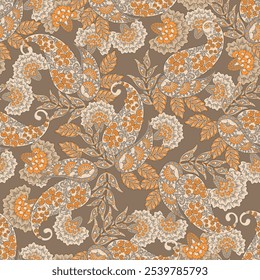 Madhubani, Kalamkari, Chinz, and Kani seamless pattern. Shirting fabric, Ajrakh and Ikat styles. Patola backdrop. Floral allover design