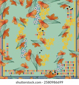 Madhubani, Kalamkari, Chinz, and Kani seamless pattern. Shirting fabric, Ajrakh and Ikat styles. Patola backdrop. Floral allover design. Scarf, textile, watercolor, geometric pattern 
