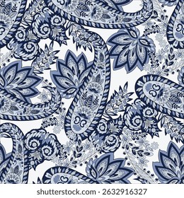 Madhubani, Kalamkari, Chinz e Kani padrão sem costura. Tecido de camisas, estilos Ajrakh e Ikat. Patola. Projeto de Allover Floral de Vetor