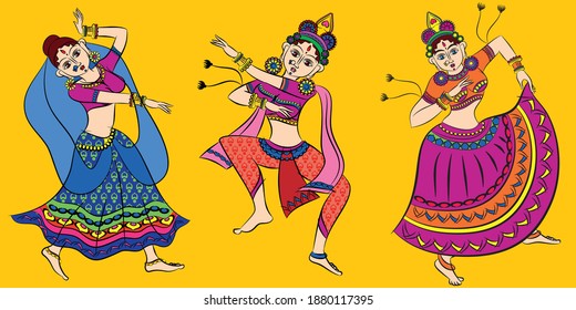 Madhubani, Kalamkari arte tradicional indio sobre telas de lino. bellas bailarinas, para imprenta textil 