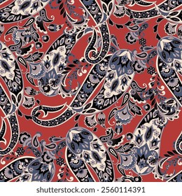 Madhubani, kalamkari, kani seamless pattern. Vector Ajrakh Ikat print patola. Background digital printing textile pattern floral allover design
