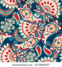 Madhubani, kalamkari, kani seamless pattern. Vector Ajrakh Ikat print patola. Background digital printing textile pattern floral allover design