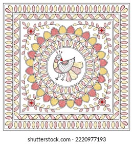 Madhubani painting , beautiful peacock and leaves 