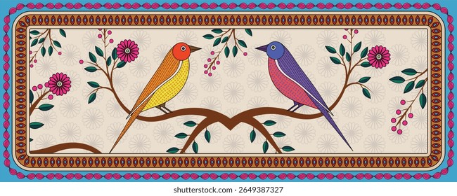 Madhubani Painting: Delicate Bird Amidst Blooming Flowers – Serene Beauty. Madhubani art, Indian folk art, Bird flower art, Nature illustration