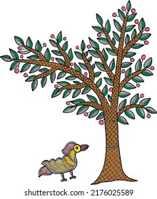 Madhubani painting , indian art , beautiful tree with bird